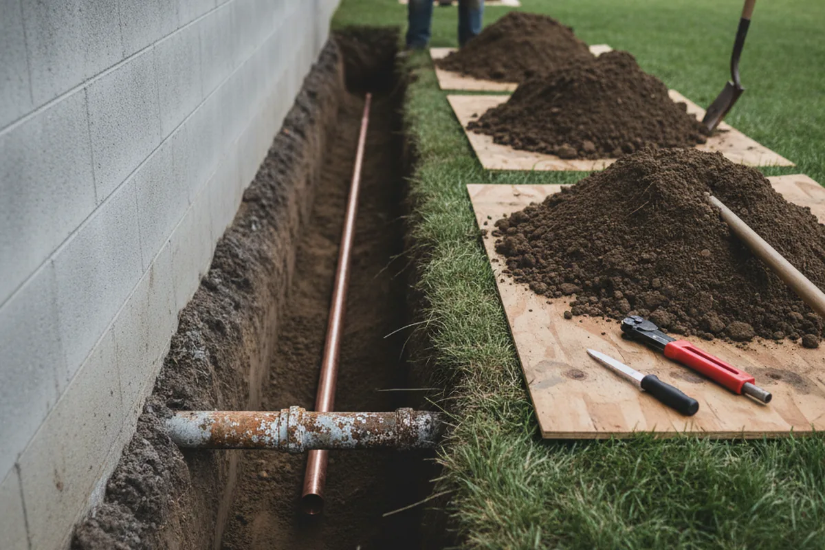 Excavated water line trench during Water Heater Repair in Tangent